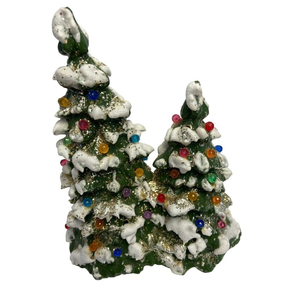 Ceramic Christmas Trees Snowcapped Multicolored Lights Holiday Decor Festive